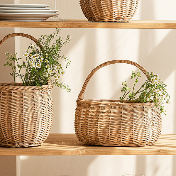 Wicker Storage Basket for Kitchen, Hand-woven Picnic Food Basket with Handle, Willow Weaving Baskets for Vegetable, Natural Fruit Basket, Storage Basket for Shelves-Silvia Home Craft