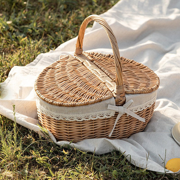 Picnic Storage Basket with Handle, Extra Large Kitchen Storage Baskets, Natural Hand-woven Wicker Storage Basket, Lovely Willow Weaving Baskets for Vegetable, Natural Fruit Storage Baskets-Silvia Home Craft
