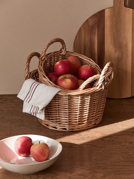 Large Picnic Fruit Basket with Handle, Natural Hand-woven Wicker Round Storage Basket, Lovely Willow Weaving Baskets for Vegetable, Natural Fruit Storage Basket, Kitchen Storage Baskets-Silvia Home Craft