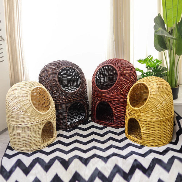 Large Double-Layer Cat Bed, Wicker Cat House Basket with Washable Cushion for Indoor Cats and Dogs-Silvia Home Craft