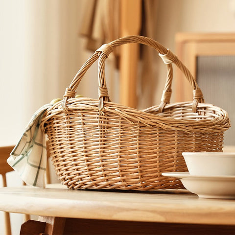 Large Kitchen Storage Baskets, Picnic Storage Basket with Handle, Hand-woven Wicker Storage Basket, Willow Weaving Baskets for Vegetable, Natural Fruit Basket-Silvia Home Craft