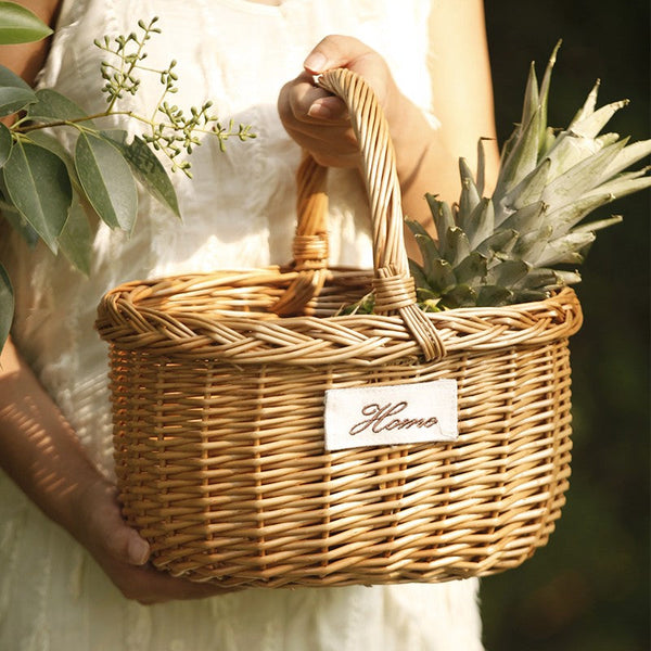 Hand-woven Wicker Storage Basket, Large Picnic Food Basket with Handle, Willow Weaving Baskets for Vegetable, Natural Fruit Basket, Kitchen Storage Baskets-Silvia Home Craft