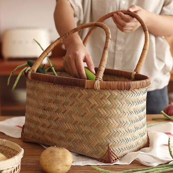 Storage Basket with Handle, Large Kitchen Storage Baskets, Natural Hand-woven Bamboo Storage Basket, Lovely Bamboo Weaving Baskets for Vegetable, Picnic Fruit Storage Baskets-Silvia Home Craft