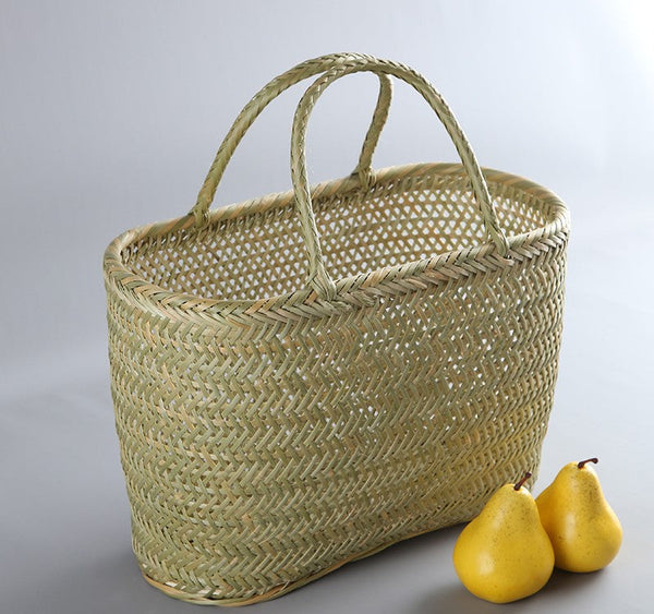 Lovely Bamboo Baskets for Vegetable, Natural Fruit Basket Kitchen Storage Baskets, Picnic Food Basket with Handle, Large Natural Hand-woven Bamboo Basket-Silvia Home Craft
