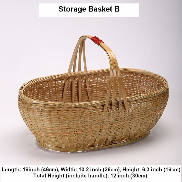 Natural Hand-woven Bamboo Basket, Extra Large Picnic Food Basket with Handle, Lovely Bamboo Baskets for Vegetable, Natural Fruit Basket Kitchen Storage Baskets-Silvia Home Craft