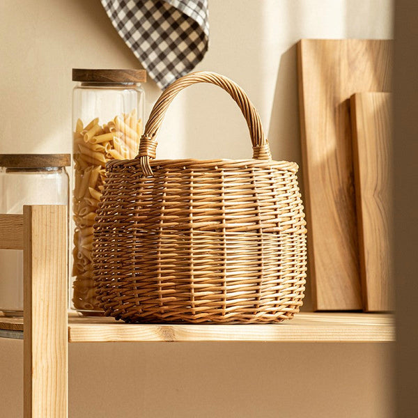 Storage Basket for Kitchen, Picnic Storage Basket with Handle, Hand-woven Wicker Storage Basket, Natural Fruit Basket, Willow Weaving Baskets for Vegetable-Silvia Home Craft