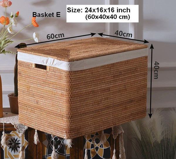 Large Rectangular Storage Basket with Lid, Rattan Storage Case, Storage Baskets for Bedroom, Rectangular Woven Storage Baskets for Clothes-Silvia Home Craft