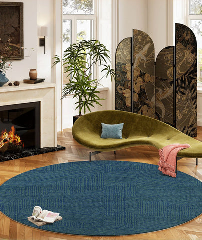 Geometric Round Rugs for Dining Room, Blue Contemporary Modern Rugs, Mid Century Round Modern Rugs under Chairs, Bedroom Abstract Modern Area Rugs-Silvia Home Craft