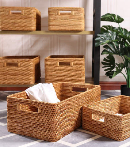 Extra Large Rectangular Storage Basket, Large Storage Baskets for Clothes, Woven Rattan Storage Basket for Shelves, Storage Baskets for Kitchen-Silvia Home Craft