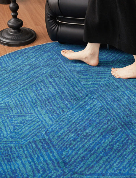 Geometric Round Rugs for Dining Room, Blue Contemporary Modern Rugs, Mid Century Round Modern Rugs under Chairs, Bedroom Abstract Modern Area Rugs-Silvia Home Craft