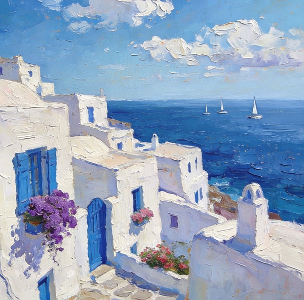 Original Oil Paintings, Azure Waves and White Washes, Aegean Blue Sea, Small Landscape Paintings on Canvas, Palette Knife Oil Paintings, Landscape Canvas Paintings, Hand Painted Canvas Art-Silvia Home Craft