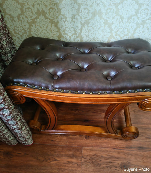 Cherry Wood Footstool, Vintage Leather Stool, Genuine Leather Solid Wood Entry Bench, Long Bench, Vanity Stool, Dressing Table Stool-Silvia Home Craft