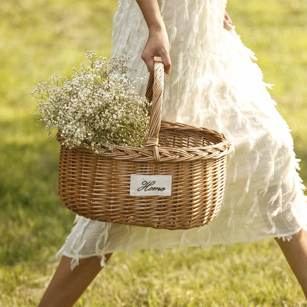 Hand-woven Wicker Storage Basket, Large Picnic Food Basket with Handle, Willow Weaving Baskets for Vegetable, Natural Fruit Basket, Kitchen Storage Baskets-Silvia Home Craft