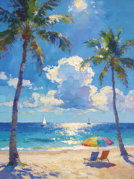 Coastal Serenity Scene, Palm Trees Seashore Paintings, Hand Painted Canvas Wall Art, Original Artwork, Small Oil Paintings, Heavy Texture Artwork, Small Canvas Paintings-Silvia Home Craft