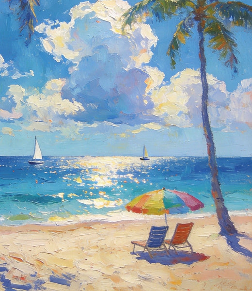 Coastal Serenity Scene, Palm Trees Seashore Paintings, Hand Painted Canvas Wall Art, Original Artwork, Small Oil Paintings, Heavy Texture Artwork, Small Canvas Paintings-Silvia Home Craft