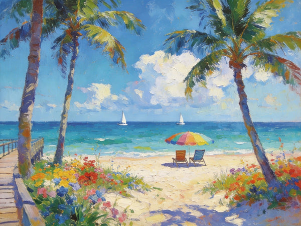Landscape Paintings for Dining Room, Seaside Bliss with Palms, Small Paintings On Canvas, Hand Painted Canvas Art, Hand Painted Canvas Art, Original Oil Paintings-Silvia Home Craft