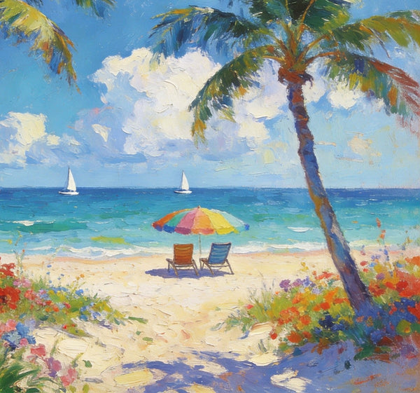 Landscape Paintings for Dining Room, Seaside Bliss with Palms, Small Paintings On Canvas, Hand Painted Canvas Art, Hand Painted Canvas Art, Original Oil Paintings-Silvia Home Craft
