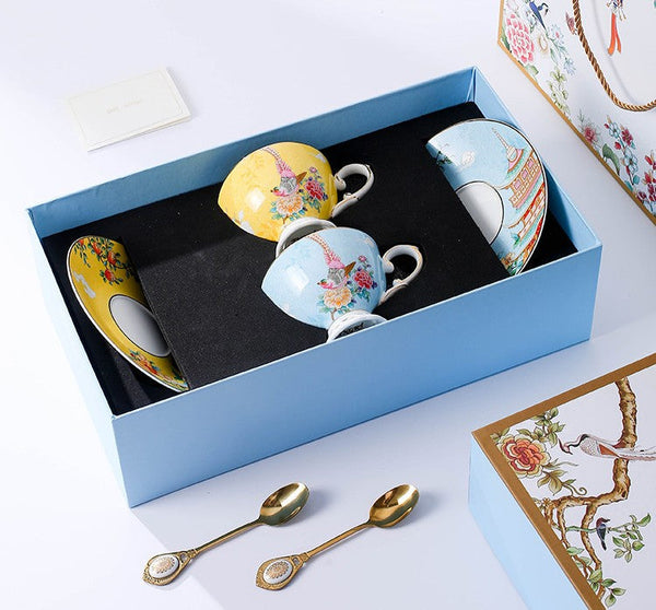 Elegant Oriental Pheasant Ceramic Cups, Beautiful Bird Pattern Tea Cups, 8 oz Porcelain Tea Cup Saucer Set of 2 Cups, Unique Tea Cup and Saucer in Gift Box-Silvia Home Craft