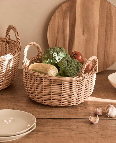Picnic Fruit Basket with Handle, Kitchen Storage Baskets, Natural Hand-woven Wicker Round Storage Basket, Lovely Willow Weaving Baskets for Vegetable, Natural Fruit Storage Basket-Silvia Home Craft