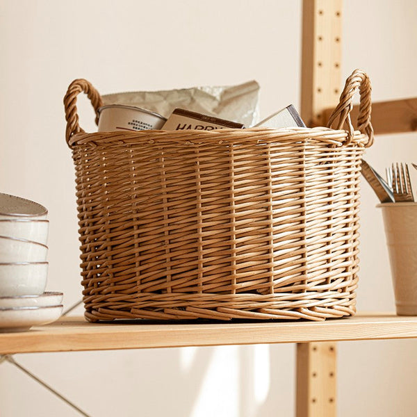 Small Picnic Fruit Basket with Handle, Kitchen Storage Baskets, Natural Hand-woven Wicker Round Storage Basket, Small Willow Weaving Baskets for Vegetable, Natural Fruit Storage Basket-Silvia Home Craft