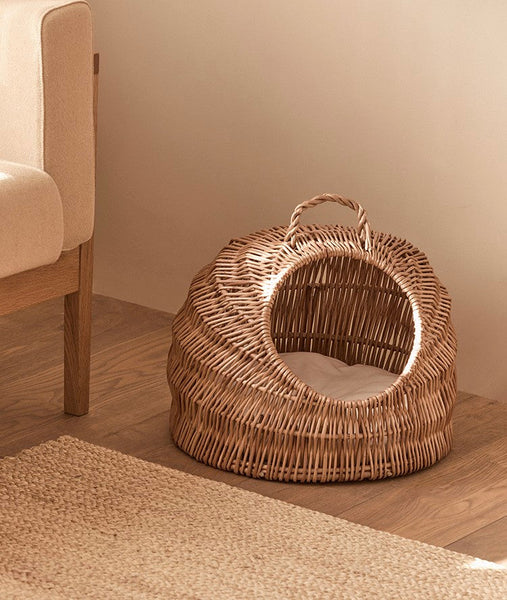 Indoor Cat Bed, Natural Wicker Cat House Basket with Washable Cushion for Indoor Cats and Dogs-Silvia Home Craft