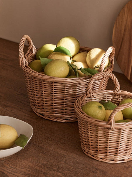 Large Picnic Fruit Basket with Handle, Natural Hand-woven Wicker Round Storage Basket, Lovely Willow Weaving Baskets for Vegetable, Natural Fruit Storage Basket, Kitchen Storage Baskets-Silvia Home Craft