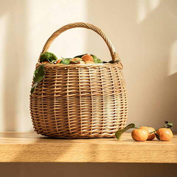 Storage Basket for Kitchen, Picnic Storage Basket with Handle, Hand-woven Wicker Storage Basket, Natural Fruit Basket, Willow Weaving Baskets for Vegetable-Silvia Home Craft