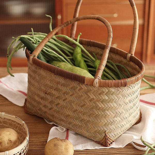 Storage Basket with Handle, Large Kitchen Storage Baskets, Natural Hand-woven Bamboo Storage Basket, Lovely Bamboo Weaving Baskets for Vegetable, Picnic Fruit Storage Baskets-Silvia Home Craft