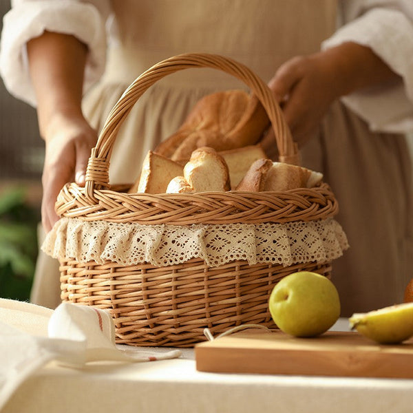 Storage Basket for Shelves, Picnic Storage Basket with Handle, Hand-woven Wicker Storage Basket, Natural Fruit Basket, Willow Weaving Baskets for Kitchen-Silvia Home Craft