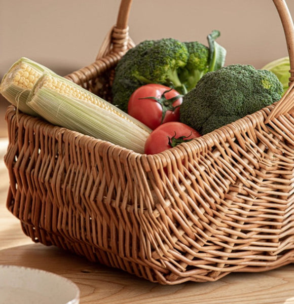 Large Picnic Food Basket with Handle, Natural Hand-woven Wicker Storage Basket, Lovely Willow Weaving Baskets for Vegetable, Natural Fruit Basket, Kitchen Storage Baskets-Silvia Home Craft