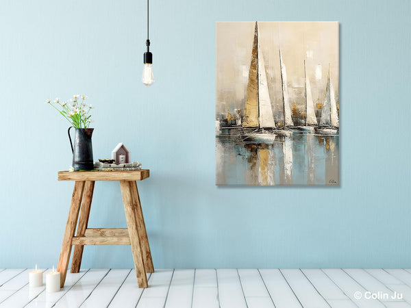 Modern Abstract Wall Art Paintings, Large Original Canvas Art for Bedroom, Large Painting Ideas for Living Room, Sail Boat Canvas Painting-Silvia Home Craft