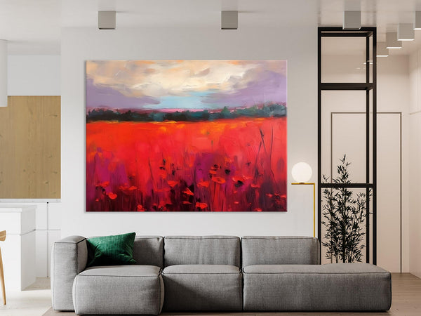 Simple Modern Art, Original Landscape Painting, Landscape Paintings for Living Room, Poppy Filed Canvas Paintings, Large Wall Art Paintings-Silvia Home Craft