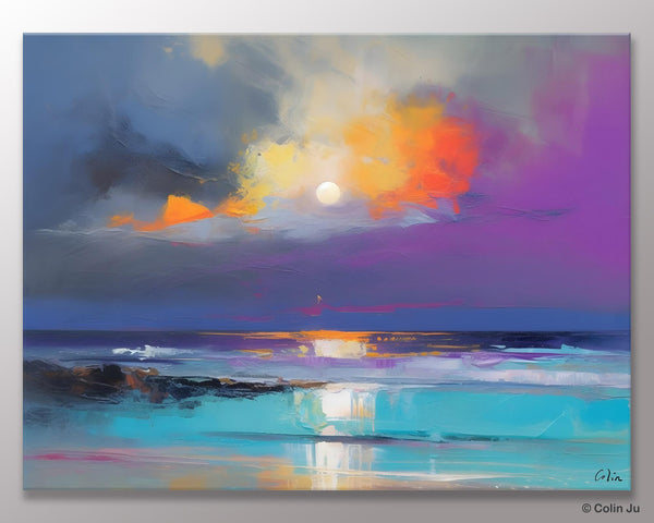 Landscape Painting on Canvas, Hand Painted Canvas Art, Moon Rising from Sea, Contemporary Wall Art Paintings, Extra Large Original Art-Silvia Home Craft