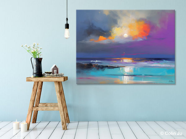 Landscape Painting on Canvas, Hand Painted Canvas Art, Moon Rising from Sea, Contemporary Wall Art Paintings, Extra Large Original Art-Silvia Home Craft