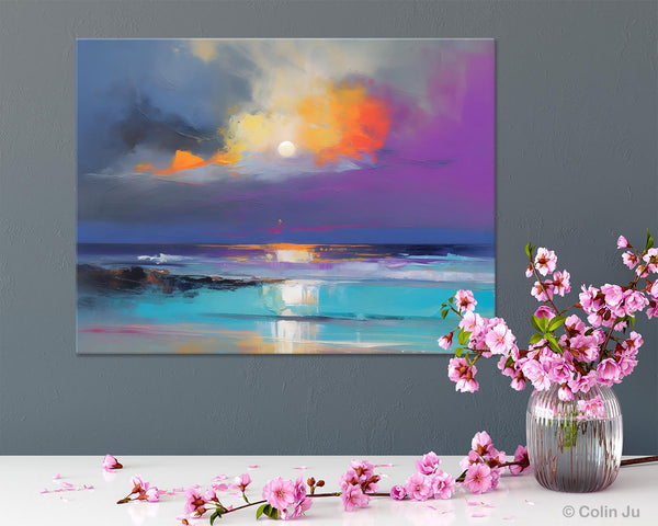 Landscape Painting on Canvas, Hand Painted Canvas Art, Moon Rising from Sea, Contemporary Wall Art Paintings, Extra Large Original Art-Silvia Home Craft