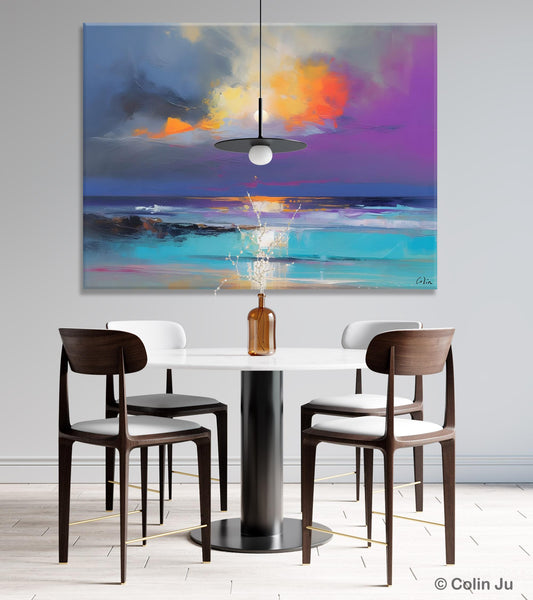 Landscape Painting on Canvas, Hand Painted Canvas Art, Moon Rising from Sea, Contemporary Wall Art Paintings, Extra Large Original Art