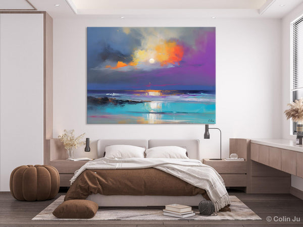 Landscape Painting on Canvas, Hand Painted Canvas Art, Moon Rising from Sea, Contemporary Wall Art Paintings, Extra Large Original Art-Silvia Home Craft