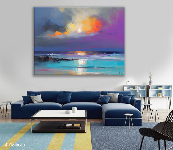 Landscape Painting on Canvas, Hand Painted Canvas Art, Moon Rising from Sea, Contemporary Wall Art Paintings, Extra Large Original Art-Silvia Home Craft