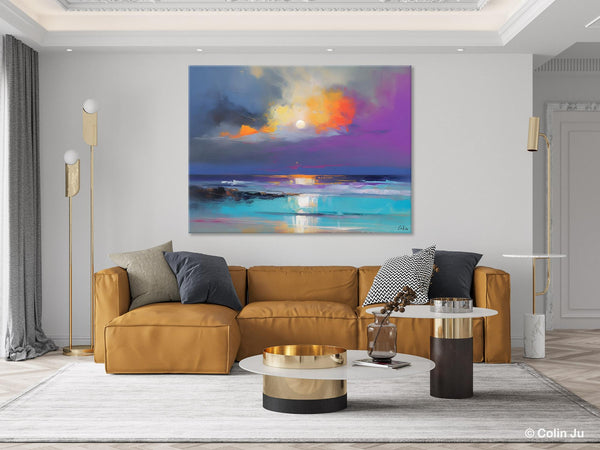 Landscape Painting on Canvas, Hand Painted Canvas Art, Moon Rising from Sea, Contemporary Wall Art Paintings, Extra Large Original Art-Silvia Home Craft