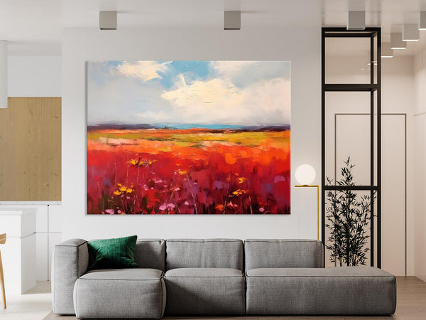 Extra Large Wall Art Painting, Landscape Canvas Painting for Living Room, Flower Field Acrylic Paintings, Original Landscape Acrylic Artwork-Silvia Home Craft