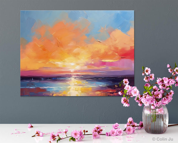 Acrylic Paintings for Living Room, Landscape Canvas Paintings, Sunrise Abstract Acrylic Painting, Contemporary Wall Art on Canvas-Silvia Home Craft