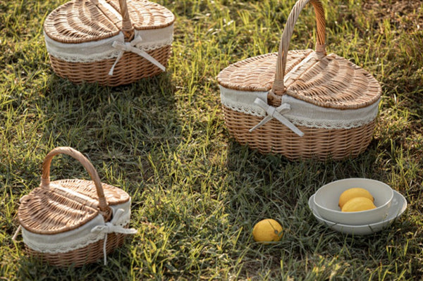 Picnic Storage Basket with Handle, Extra Large Kitchen Storage Baskets, Natural Hand-woven Wicker Storage Basket, Lovely Willow Weaving Baskets for Vegetable, Natural Fruit Storage Baskets-Silvia Home Craft