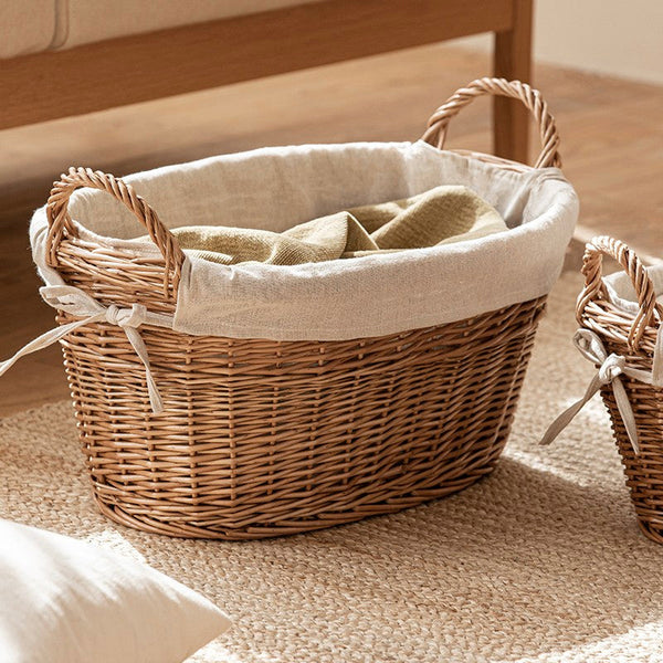 Large Kitchen Round Storage Baskets, Large Food Storage Basket with Handle, Natural Hand-woven Wicker Storage Basket for Clothes, Willow Weaving Baskets for Toys-Silvia Home Craft