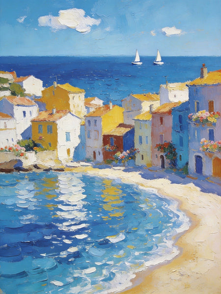Landscape Paintings for Bedroom, Seaside Hamlet Picturesque View, Hand Painted Canvas Art, Small Oil Paintings, Palette Knife Artwork, Original Canvas Paintings-Silvia Home Craft