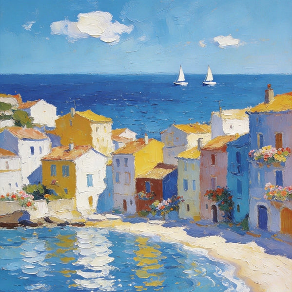 Landscape Paintings for Bedroom, Seaside Hamlet Picturesque View, Hand Painted Canvas Art, Small Oil Paintings, Palette Knife Artwork, Original Canvas Paintings-Silvia Home Craft