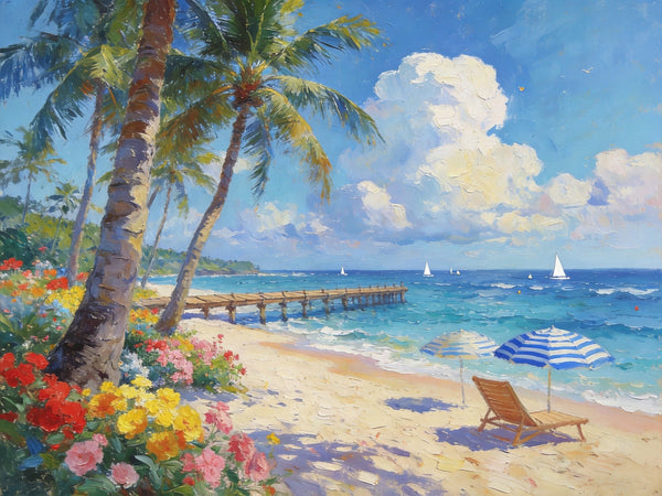 Canvas Paintings for Living Room, Beach with Palm Perfection, Hand Painted Canvas Art, Small Oil Paintings, Small Wall Art Paintings, Original Landscape Paintings-Silvia Home Craft
