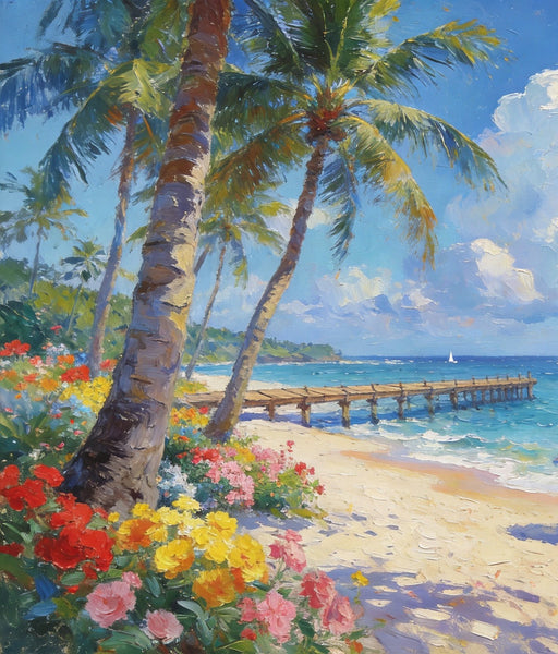 Canvas Paintings for Living Room, Beach with Palm Perfection, Hand Painted Canvas Art, Small Oil Paintings, Small Wall Art Paintings, Original Landscape Paintings-Silvia Home Craft
