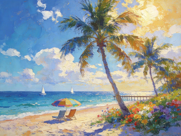 Sun, Sand, and Seaside Peace, Seashore Sunrise Paintings, Hand Painted Canvas Art, Canvas Wall Art Paintings, Landscape Canvas Paintings, Original Oil Paintings, Small Oil Paintings-Silvia Home Craft