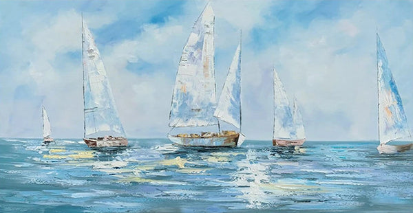Sail Boat Acrylic Paintings on Canvas, Hand Painted Wall Art Paintings, Contemporary Canvas Artwork, Abstract Wall Art Paintings, Modern Art Paintings for Dining Room-Silvia Home Craft