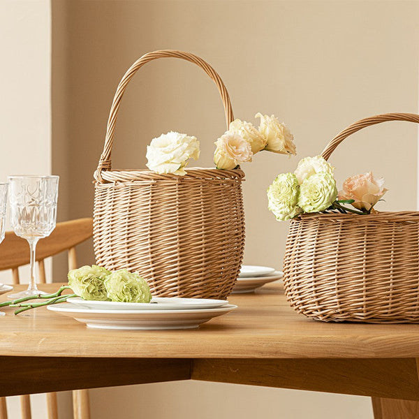 Wicker Storage Basket for Kitchen, Hand-woven Picnic Food Basket with Handle, Willow Weaving Baskets for Vegetable, Natural Fruit Basket, Storage Basket for Shelves-Silvia Home Craft